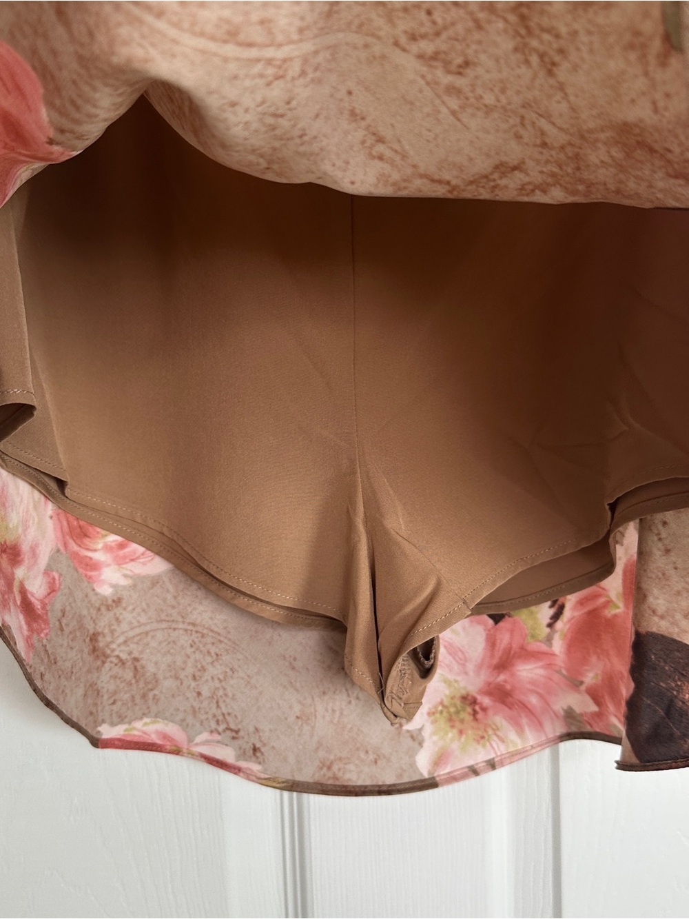 Brown Floral Satin Skort with Pink Rose Print - Picture 4 of 7